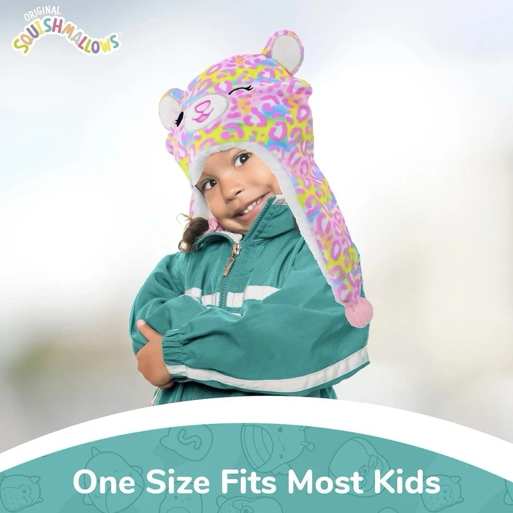 Squishmallows Michaela Hat Gloves Set‎ Ears Pom Pom Pink Leopard Winter Cap NWT
